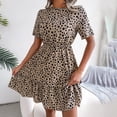 thumbnail image 2 of Wycnly Sundresses for Women Short Sleeve Round Neck Leopard Print Mini Dresses Elastic Waist Flowy Ruffle Swing A Line Summer Dress Coffee, 2 of 7