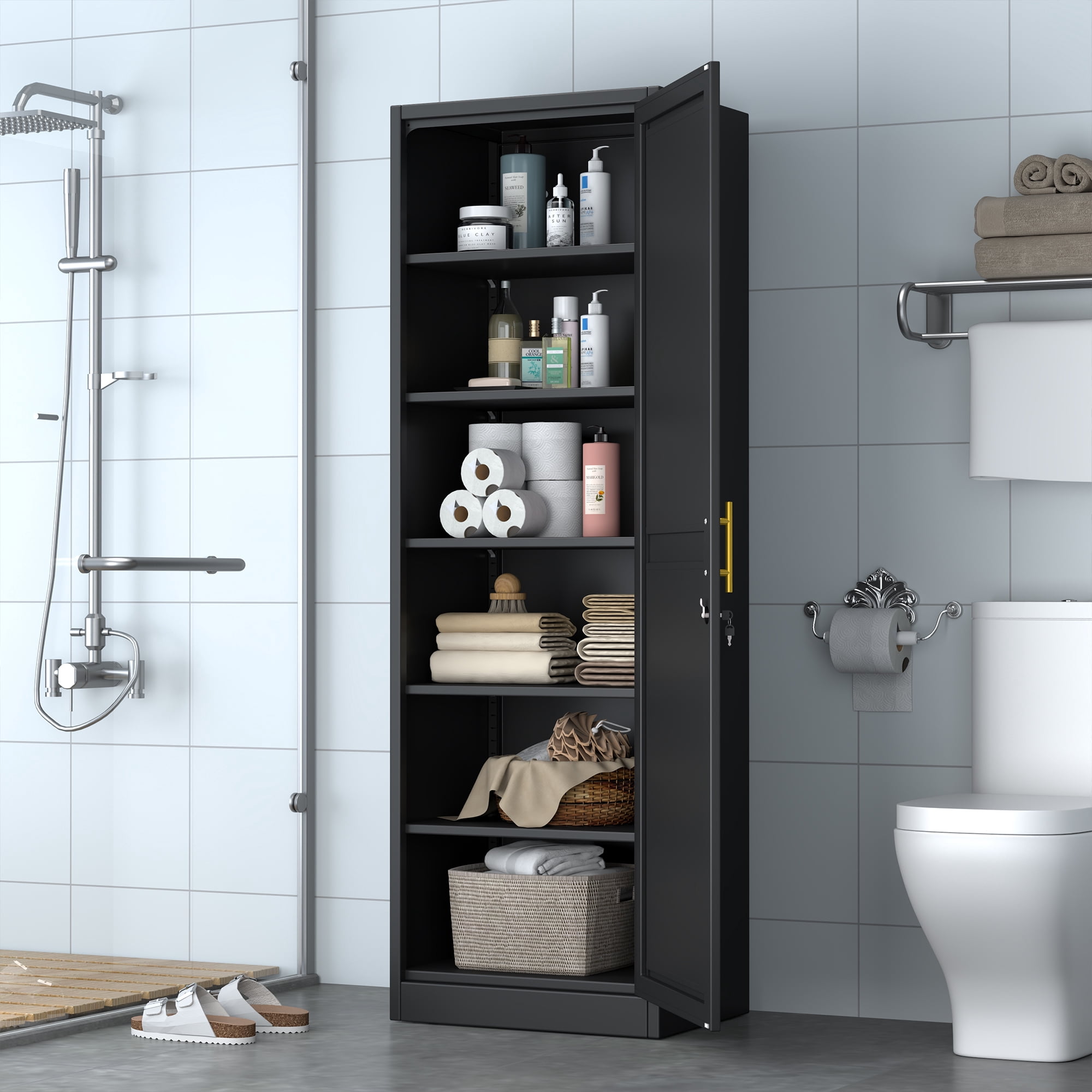 Ero 67" Metal Storage Cabinet with Lock, Tall Narrow Office File Cabinets with 1 Door & 5 Adjustable Shelves