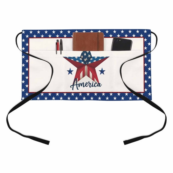 Independence Day Kitchen Restaurant Half Waist Apron, America Vintage U.S. Flag Star Flag Day Server Short Apron with 3 Pockets Waterproof Oil Waist Aprons for Women Waitress Waiter