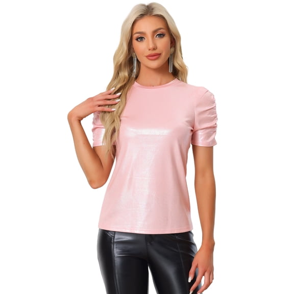 DARING DIVA Women's Twist Round Neck Puff Sleeve Stretch T-Shirt S Pink