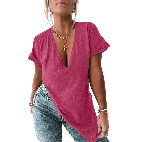 Women Deep V Neck Short Sleeve Side Slit Oversized T Shirts Tunic Top