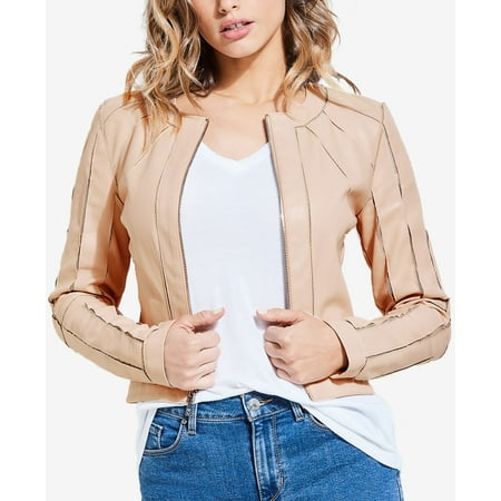 Sand Women's Medium Faux-Leather Zip Front Moto Jacket M