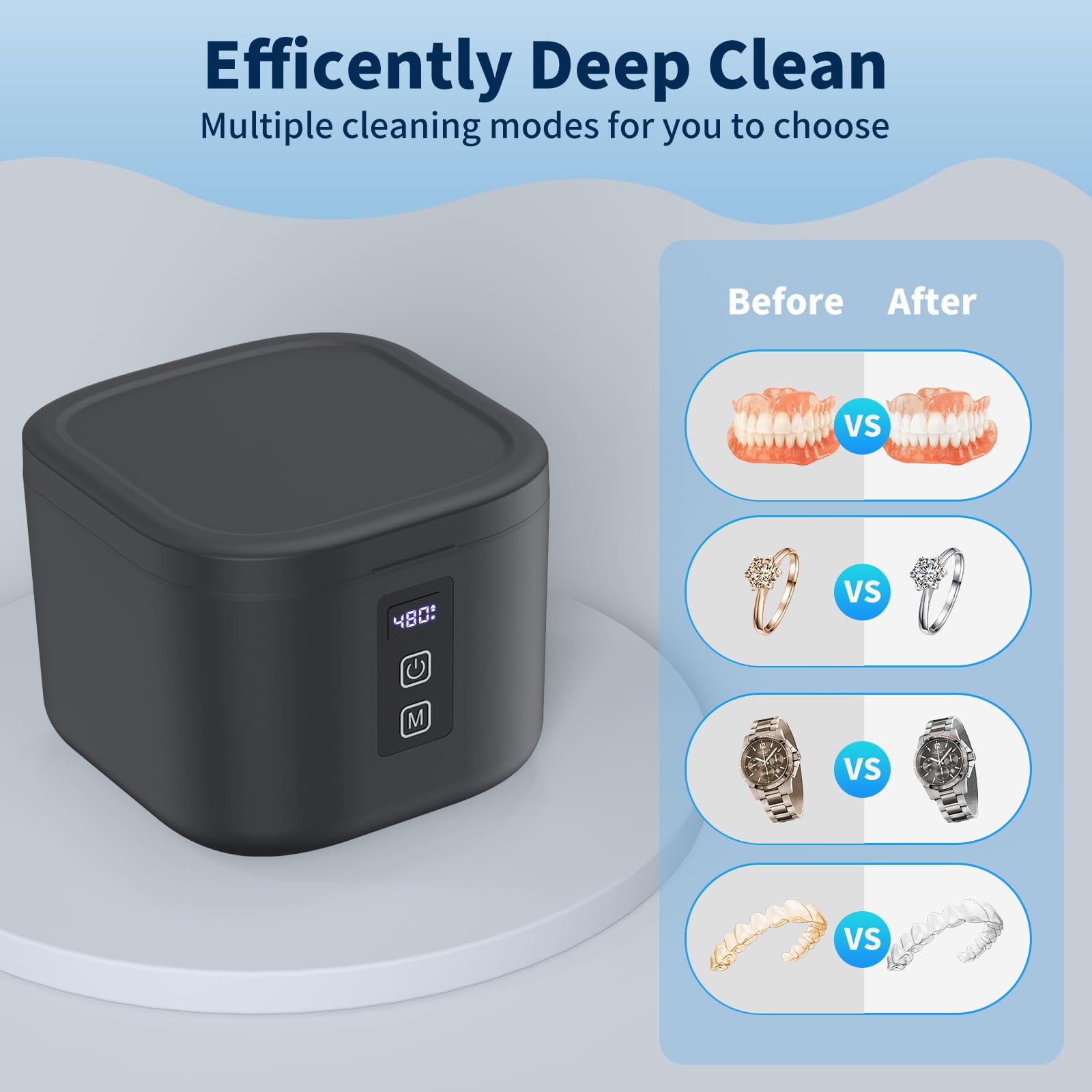 Prociv Ultrasonic Retainer Cleaner Machine 48kHz for Dentures, Mouth Guards, Braces, Toothbrush Heads, Jewelry, Ring with 300ML Capacity, 4 Modes Retainer Cleaning (Black)
