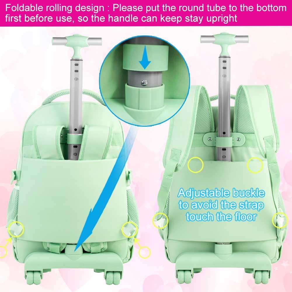 AGSDON Rolling Backpack for Girls Women, 21 inch Roller Wheels School Bookbag, Wheeled Suitcase Backpacks with Lunch Bag for Teen - Green