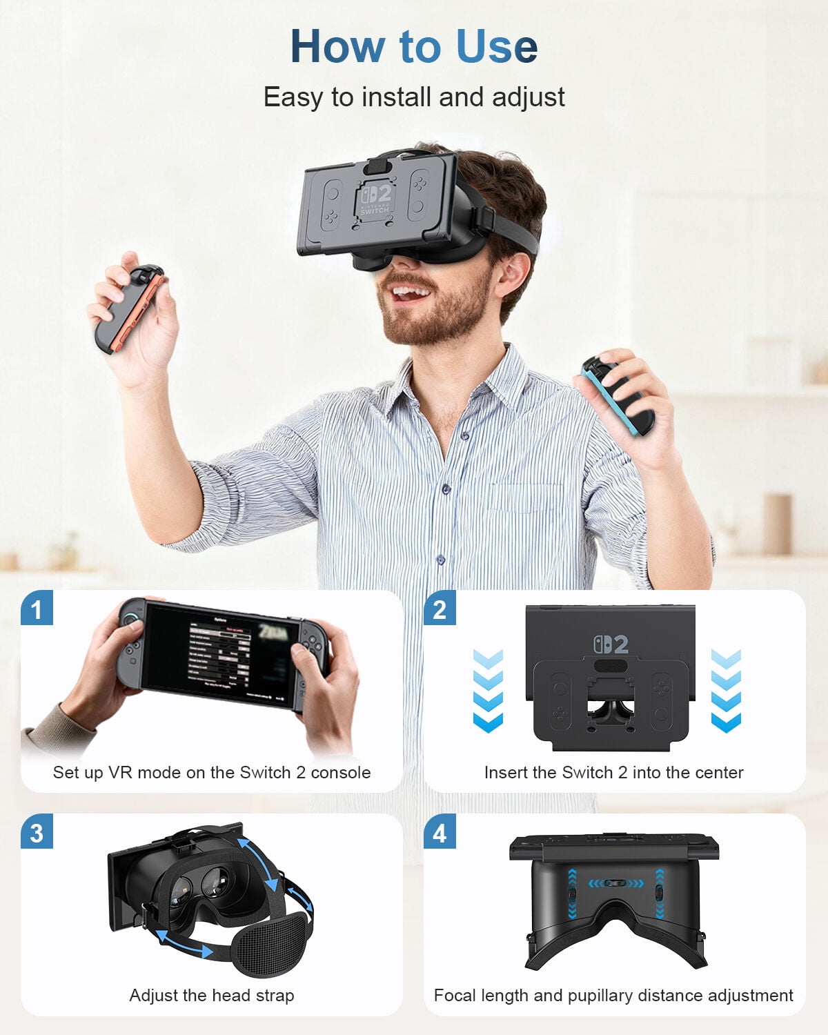VR Headset with Adjustable HD Lenses, Virtual Reality Glasses