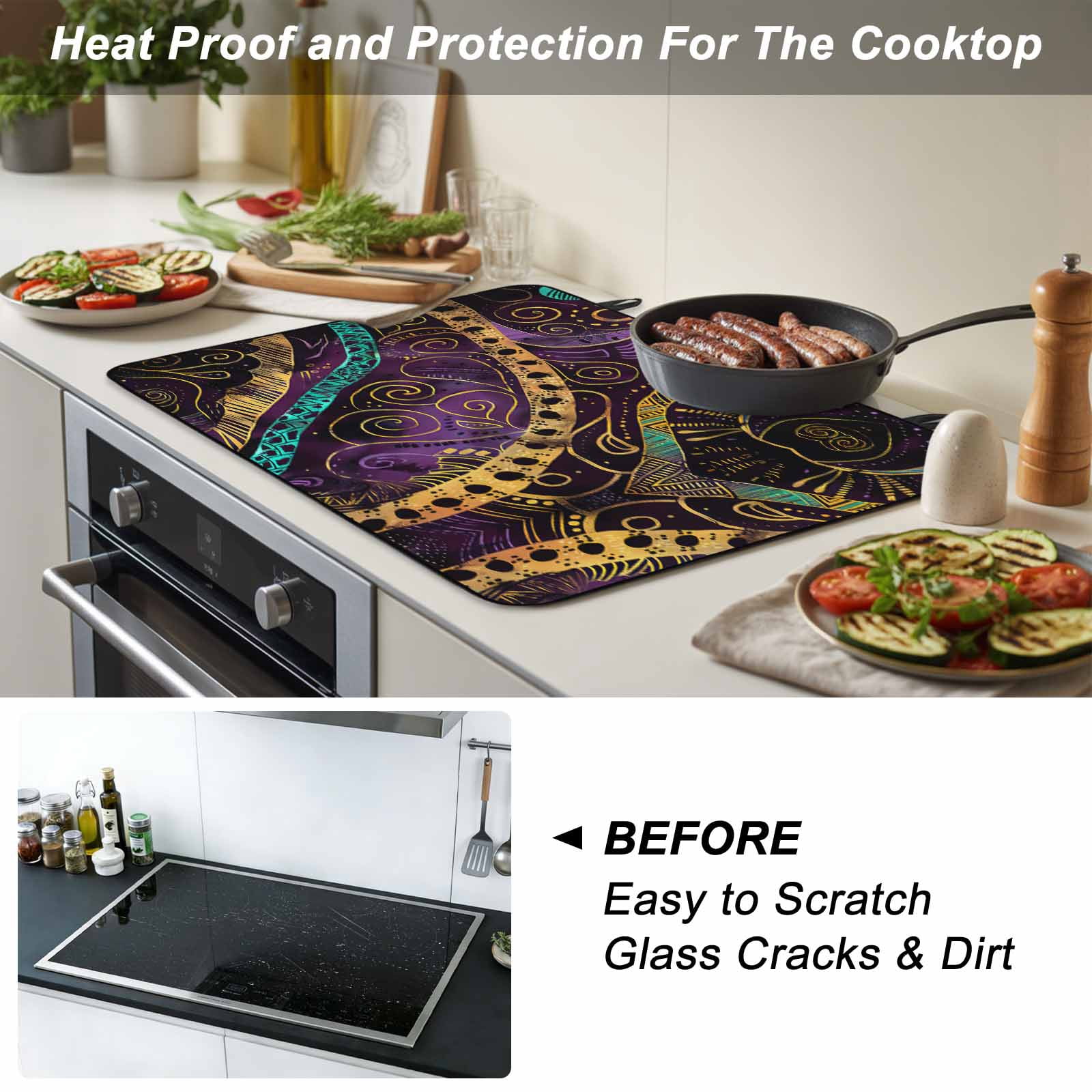 Yellow Purple Green Stove Top Cover for Electric Stove, Heat-proof & Non Slip Glass Top Stove Cover Protector, Geometric Modern Abstract Kitchen Flat Cooktop Rubber Mat 24x21 Inches
