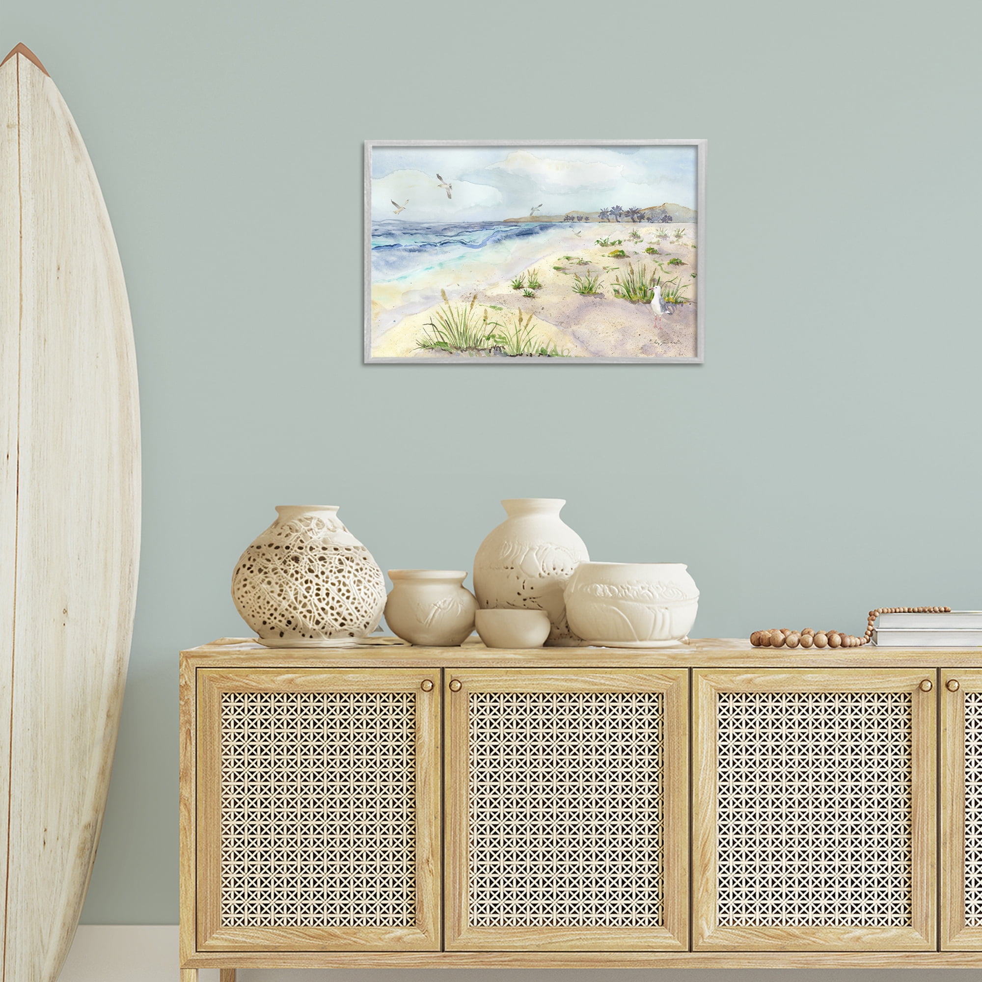 Stupell Industries Seagulls Over Beach Landscape Painting Gray Framed Art Print Wall Art, 24 x 16
