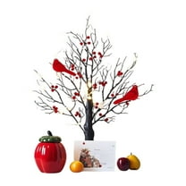 Vintage Glowing Tree with Cardinals, 21In Red Bird Tree Fairy Led Light, Birch Bonsai Twinkle Trees Lamp with Lighted Branches for Halloween, Christmas with Red Berries Birds Table Ornament （3Pc)