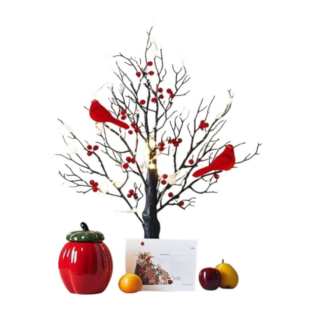 Arbre Lumineux Vintage avec Cardinaux (21 Po), Équipé de 6 Oiseaux et 54 Fruits Rouges, Nouvel Arbre Lumineux à Led 2025 avec Cardinaux, Base Amovible, Adapté pour Décorations de Noël, Halloween (2 Pcs)