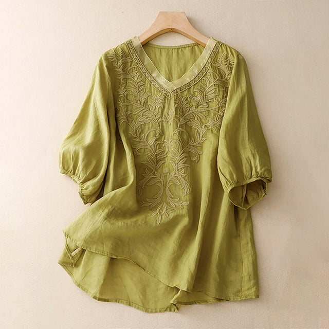 Hauts d'Été pour Femmes, Blouses Décontractées Habillées pour l'Entraînement 2024, T-Shirts, Blouse Brodée en Coton et Lin, Manches Courtes Bouffantes, Col Rond, Style Boho, Coupe Ample, Jaune