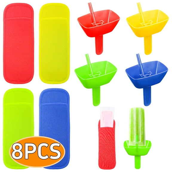 Popsicle Holders and Ice Pop Sleeves Set for Kids Drip-Free Popsicle Holder with Straw Reusable Freeze Popsicle Holders 8 PCS