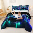 thumbnail image 3 of Castle Fairy Neon Race Car Trio Queen Comforter Set 3pcs for Teens, Checkered Flag Print Bedding Comforter Set for Bedroom, Blue Teal,Black Reversible, 3 of 6