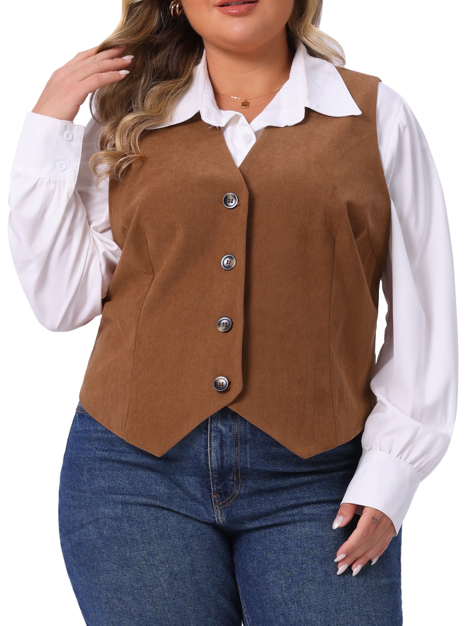 DARING DIVA Women's Plus Corduroy Lined V Neck Sleeveless Jacket 4X Brown