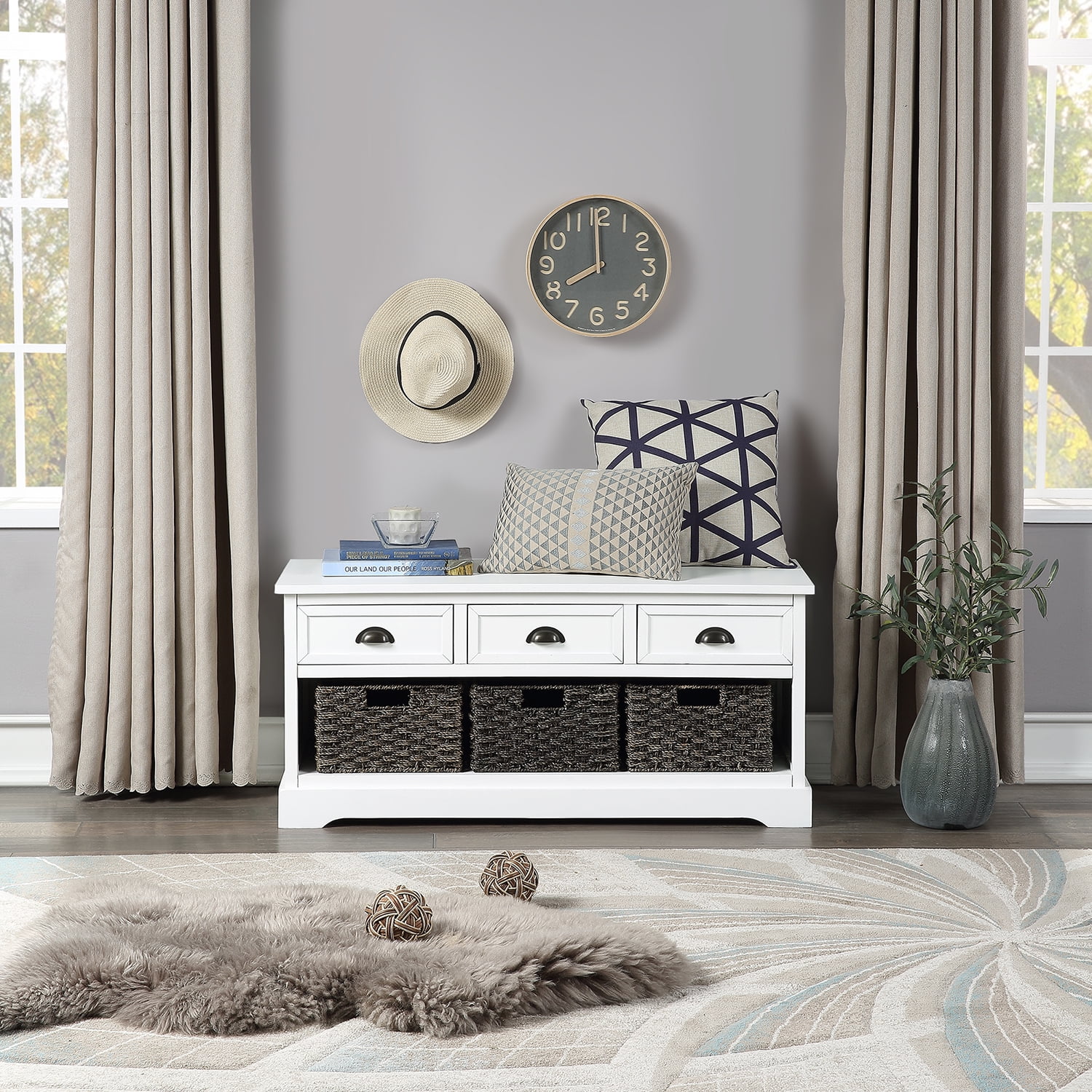 Kadyn Wood Storage Bench, Entryway Shoe Storage Bench with 3 Drawers and 3 Woven Baskets, Modern MDF Bench Seat for Entryway, Bedroom, White Kadyn Wood Storage Bench, Entryway Shoe Storage Bench with 3 Drawers and 3 Woven Baskets, Modern MDF Bench Seat for Entryway, Bedroom, White