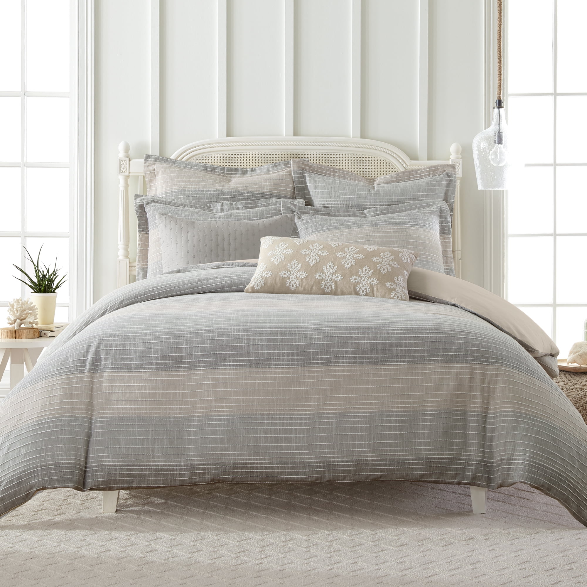 Levtex Home - Sand Stripes Natural Duvet Cover Set - King Duvet Cover (106 x 94in.) + Two King Pillow Cases (36 x 20in.) - Jaquard Stripe - Tan, Chambray, Blue, White - Cotton