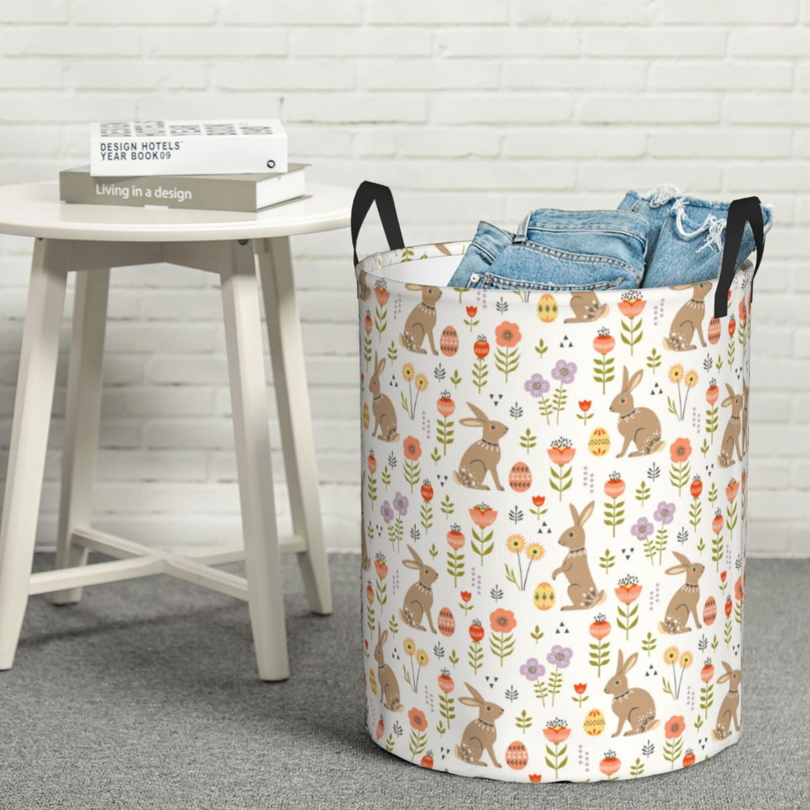 Gukieu Happy Easter Print Round Dirty Clothes Bag, Waterproof Standing Home Bathroom Storage Basket Car Trunk Storage Bag-Small
