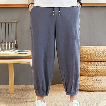 YANHAIGONG Summer Capri Joggers for Men Men s Linen Harem Capri Pants Mens Summer Linen Jogger Capri Pants Casual Lightweight Drawstring Yoga Pants Baggy 3/4 Beach Trousers