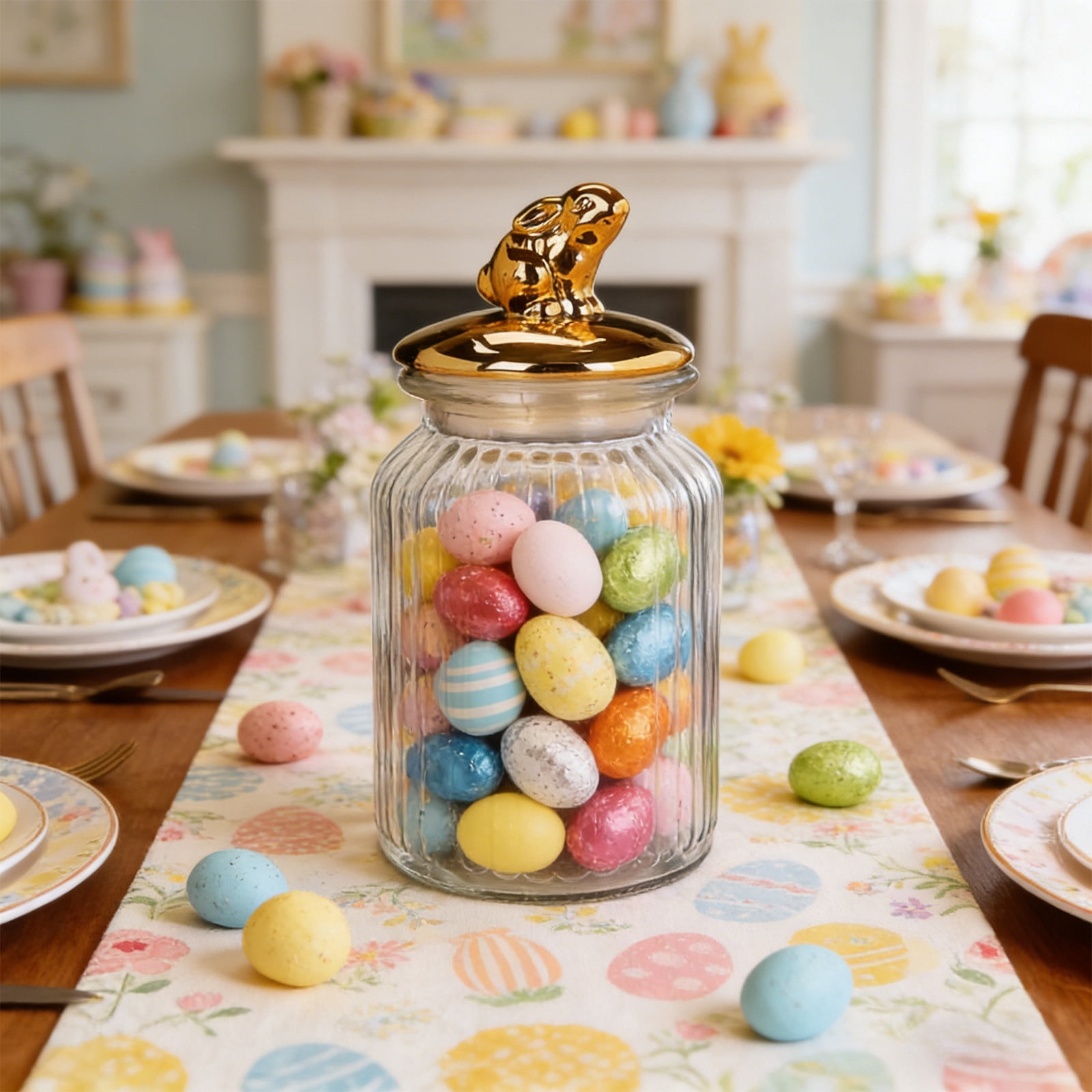 B Easter Themed Glass Candy Jar 1000Ml Storage Jar With Lid Kitchen Container For Candy Snacks Cookies Holiday Home Decor Bunny Egg Chick Design