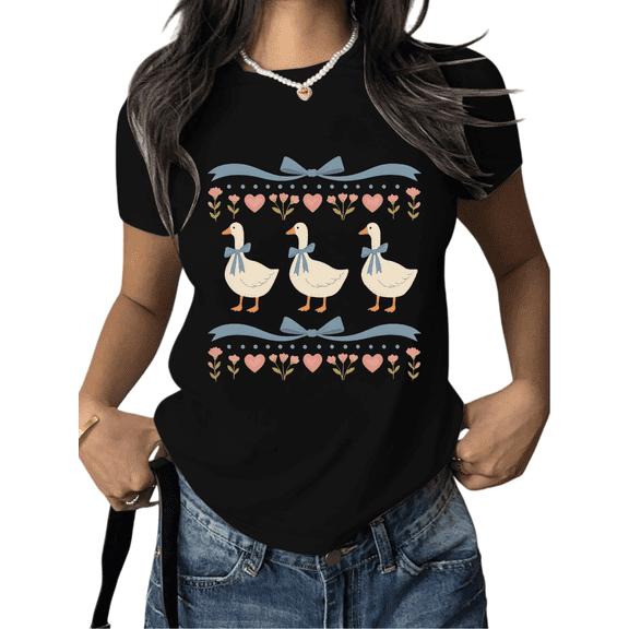 Black Cute Bow Tie Duck Heart Flower Print Tshirt Graphic Tees Shirts Cottage Core Aesthetic Spring Casual Daily Weekend Outdoor Outfit Tops S-5XL