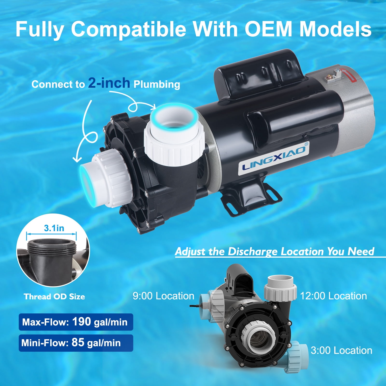 LINGXIAO SPA Pump, 230V Hot Tub Pumps, 2 Speed LX SPA Pump Motor, 3HP /60HZ, 2" Port, 48Y Motor- Model: 48WUA2002C-II