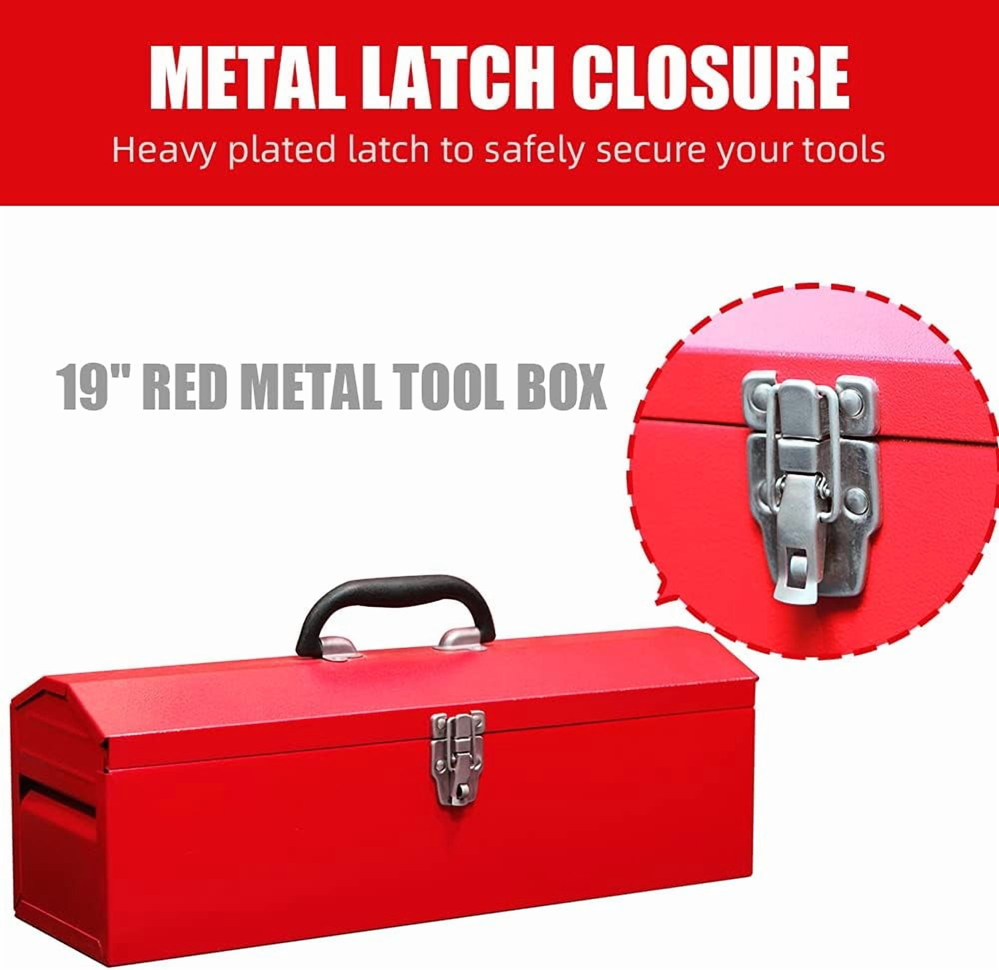 HPDMC Metal Tool Box Set of 2 - 19" Heavy Duty Steel Toolbox with Metal Latch - Portable Hip Roof Style Mechanic Tool Boxes for Car, Truck, Tractor & Home - Red