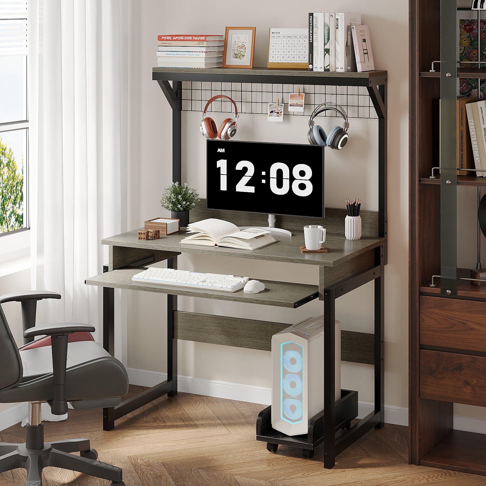 MIN EN WIN Retro Computer Desk with Storage Shelf and Keyboard Tray, Industrial Style Gaming Desk for Home Office, Gray Oak