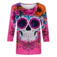 thumbnail image 5 of Xdegoge Womens 3/4 Sleeve Tops Casual Crewneck Day Of The Dead Sugar Skull Print Loose Fit Tees for Halloween Festival Holiday Everyday Wear, 5 of 5