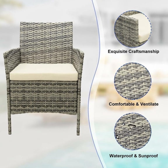 3-Piece Outdoor Patio Furniture Set – PE Rattan Chair, Chair & Coffee Table – Weather-Resistant, UV-Protected Seating for Balcony, Porch, Garden, Patio - Brown Gradient Rattan & Creamy-White Cushion