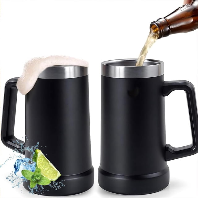 Tarro Cervecero de Acero Inoxidable con Mango (2 Pz de 700 ml c/u), Vasos de Acero Inoxidable con Doble Pared Térmica, Vasos Térmicos para Agua y Bebidas Hasta 4 Horas Frío y 2 Horas Caliente (Negro)