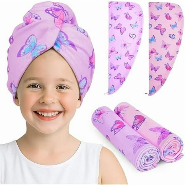 wonima11 Microfiber Hair Towel for Kids 2Pack Hair Wrap Towels Absorbent Hair Drying Towel Wrap Hair Turbans for Curly Thick Hair,Light Pink Purple Butterfly