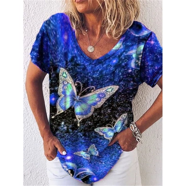 Camisetas con estampado de mariposa 3D para mujer, camiseta de manga corta de gran tamaño, Tops básicos informales holgados, camiseta de calle con cuello en V para mujer, Top