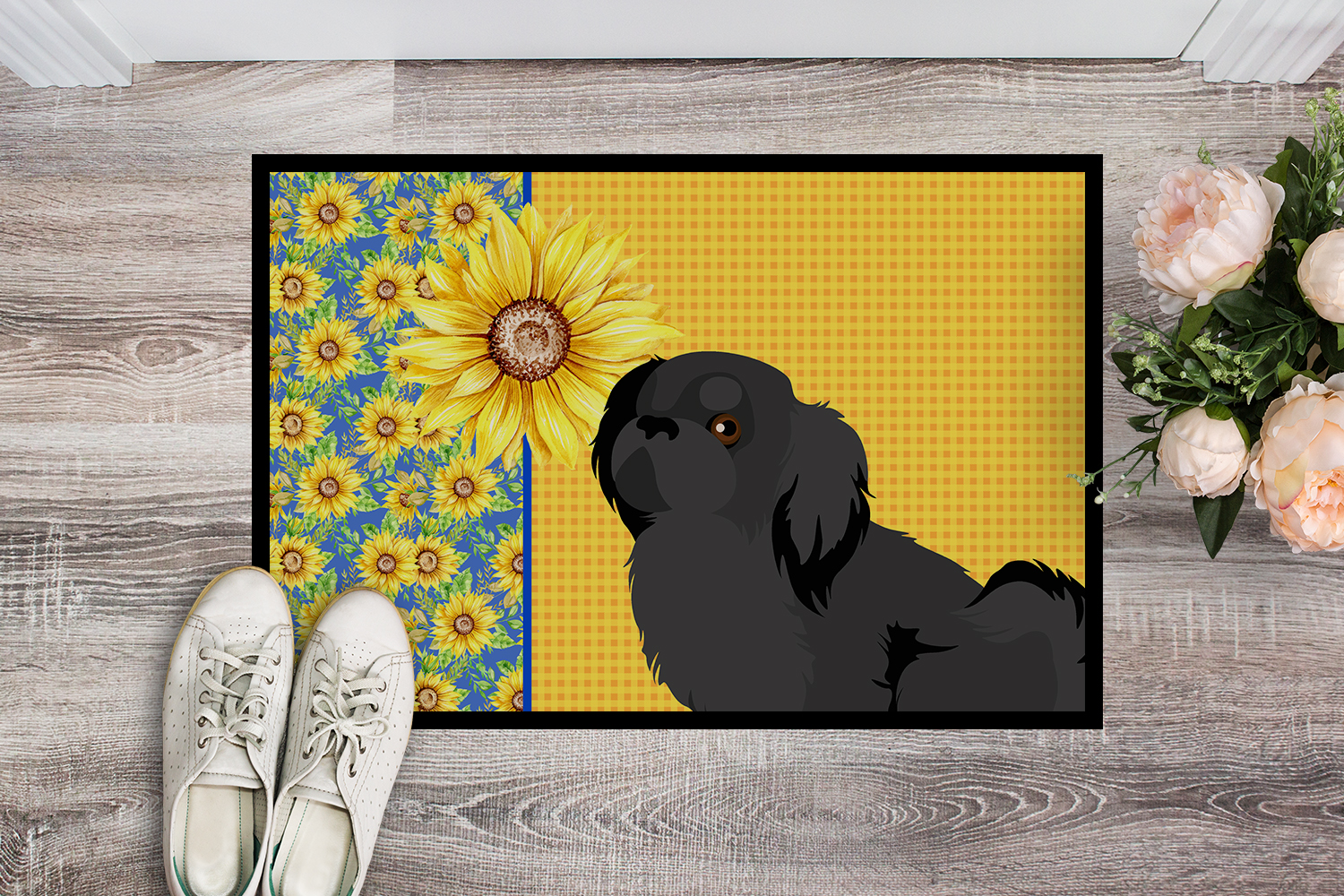 Carolines Treasures WDK5452JMAT 24 x 36 in. Summer Sunflowers Black Pekingese Indoor or Outdoor Mat