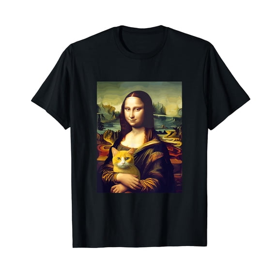 Leonardo da Vinci's Mona Lisa Holding a Cat Funny Art T-Shirt