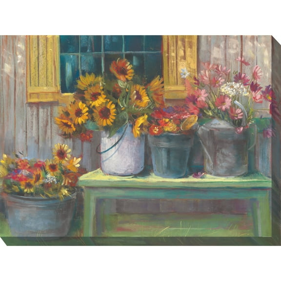 Outdoor Living and Style Pink and Yellow Buckets of Bliss Outdoor Canvas Rectangular Wall Art Decor