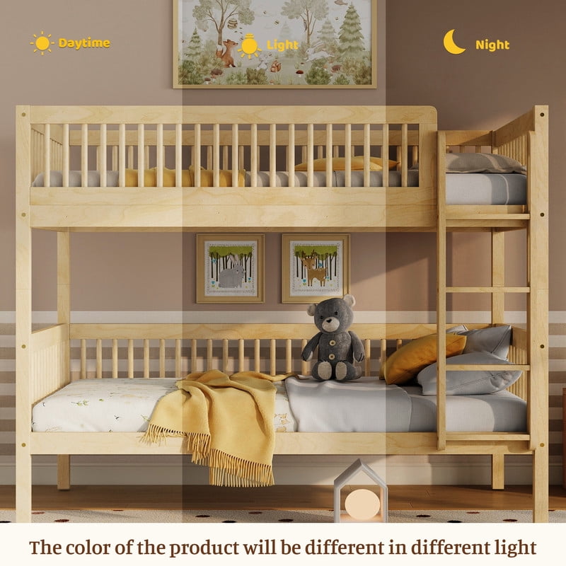 Twin-Over-Twin Size Convertible Kids Bunk Bed into 2 Platform Beds, Teens Wood Bed Frame with Ladder and Safety Guardrails