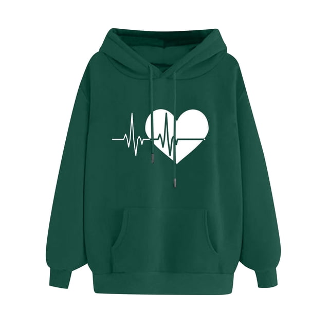 Pompotops Women's Comfortable Sweater Heart Pattern Printed Women's Hooded Pocket Drawstring Sweater Clearance