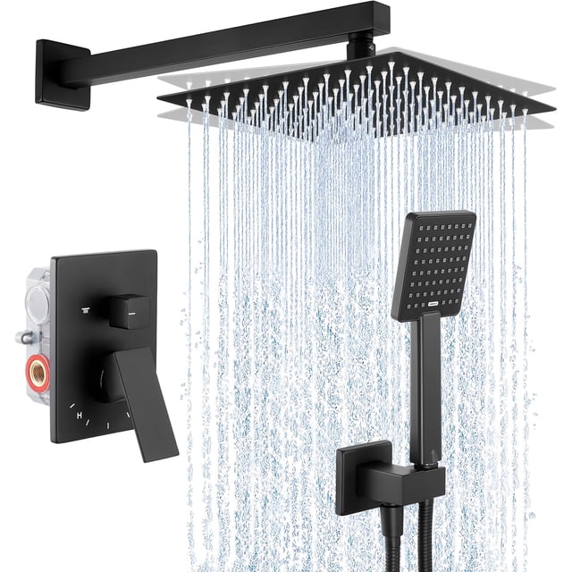 Shower System Black Shower Faucet Set, Matte Black Rainfall Shower Head Pressure Balancing Rain Rough-in Valve Body Trim Kit, Bathroom Shower Complete Combo Set, XB6260S10-BK
