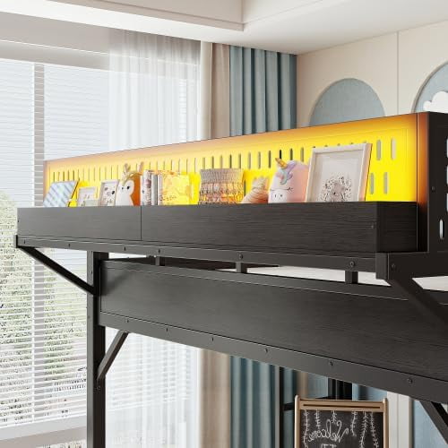 Full Size Metal Loft Bed Frame with Slide, Storage Shelves & Built-in Wardrobe, Black