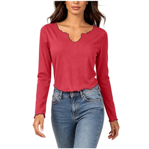 Zpanxa Women Long Sleeve Tops Scalloped V Neck Slim Fit Casual Solid Color Tee for Daily Wear