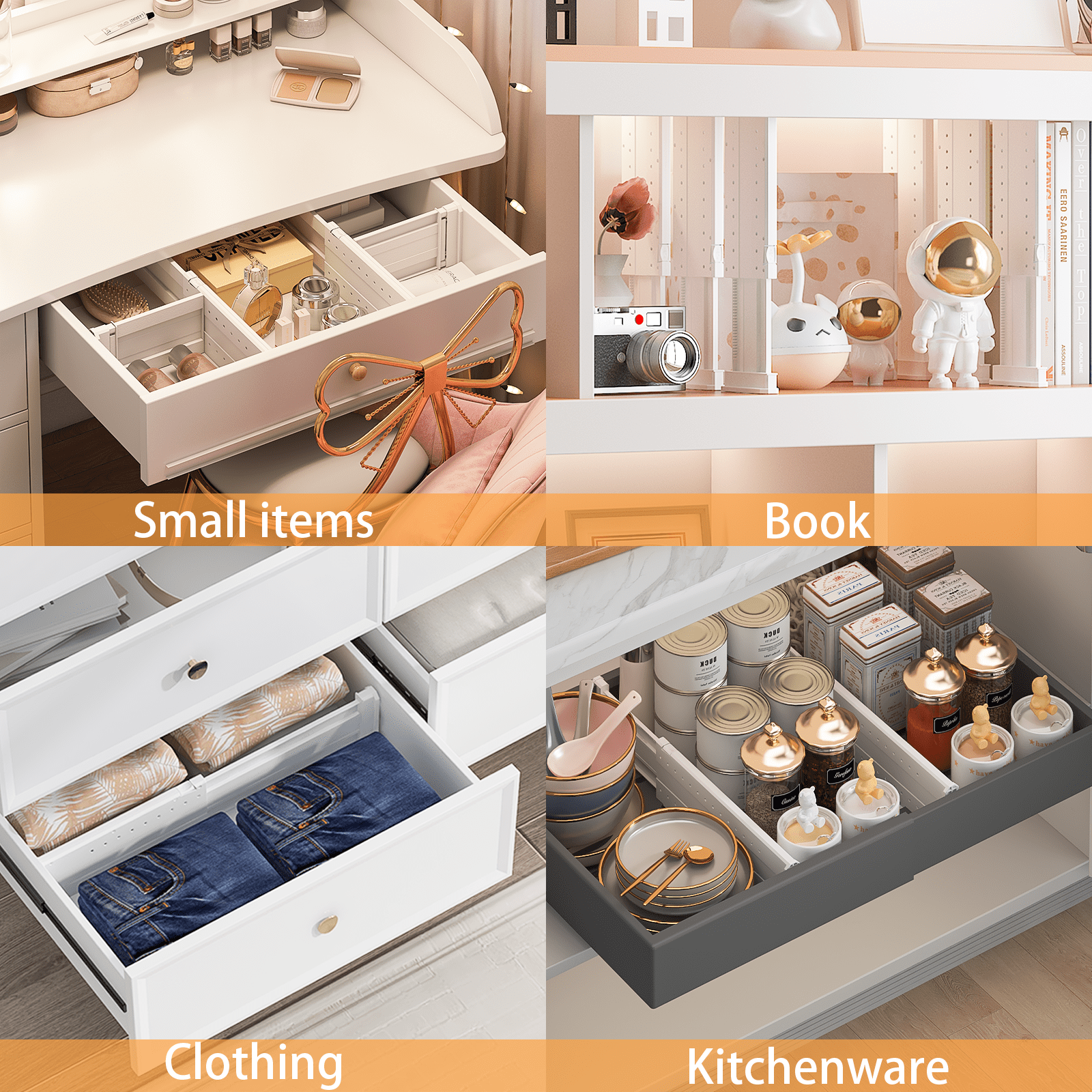 LLMRR 12 Pack Drawer Divider, 4" High, 11-17" Adjustable Drawer Dividers, Non-Slip Expandable Dresser Organizer for Baby Clothes, Bathroom, Bedroom, Kitchen and Office Storage, 12 Pack