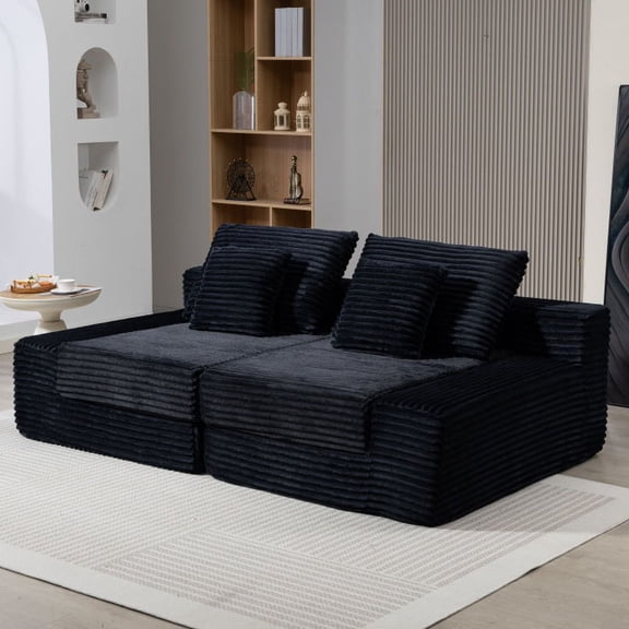 CQSXDA Upholstered Boneless Cloud Sofa with Deep Seat, Dual Lounge Chaise, Modern Corduroy Sleeper Chair for Living Spaces, Black