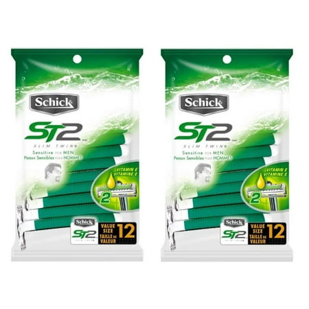 Schick Slim Twin ST2 Sensitive Skin Disposable Razors for Men with Vitamin E, 12 Count (Pack of