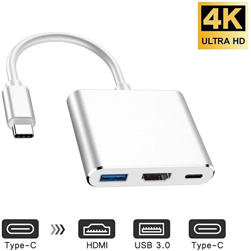 USB-C to HDMI Adapter Type-C 3 in 1 Converter Cable Thumderbolt 3 to HDMI 4K Video Converter USB 3.0 Hub Port PD Quick Charging Port with Large Projection