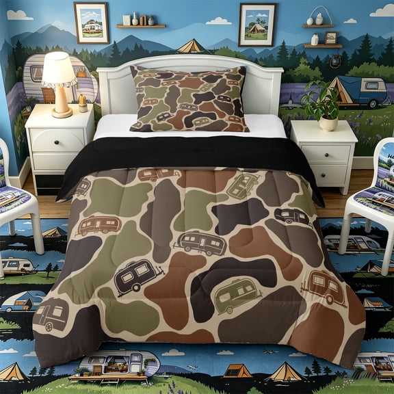 Castle Fairy Camo Camper Pattern Twin Comforter Sets 3-Piece for Adults, Camouflage Art Bedding Set for Bedroom, Brown Green,Black Reversible