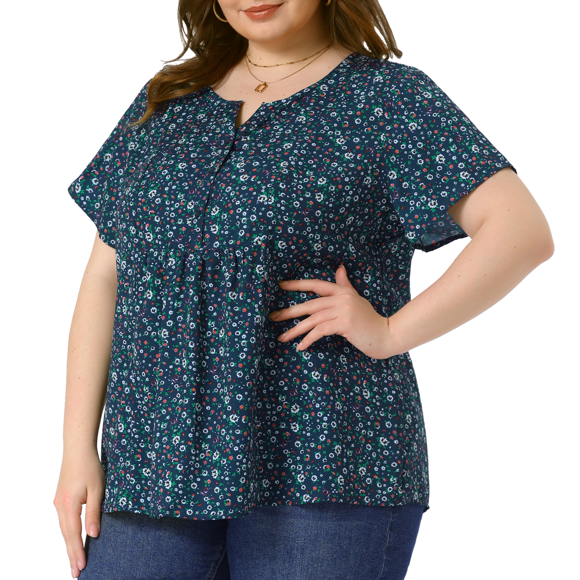 Unique Bargains Women's Plus Size Floral Half Placket Short Sleeve Blouses 2X Dark Blue