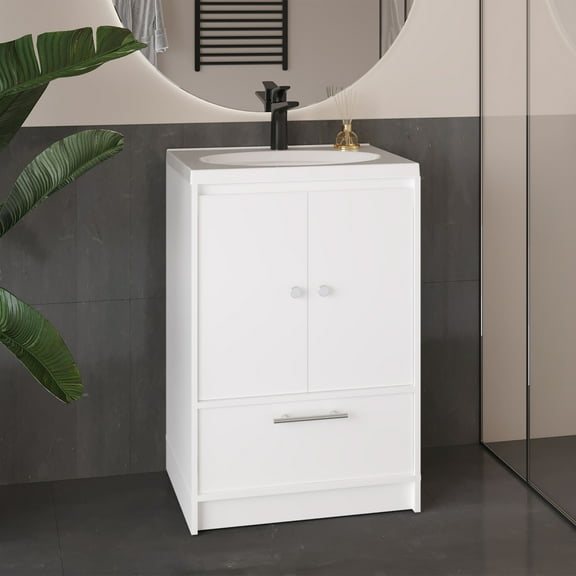 60 inch Double Sink Bathroom Vanity White, MDF with Two Doors and Two Drawers for Master Bathroom Storage