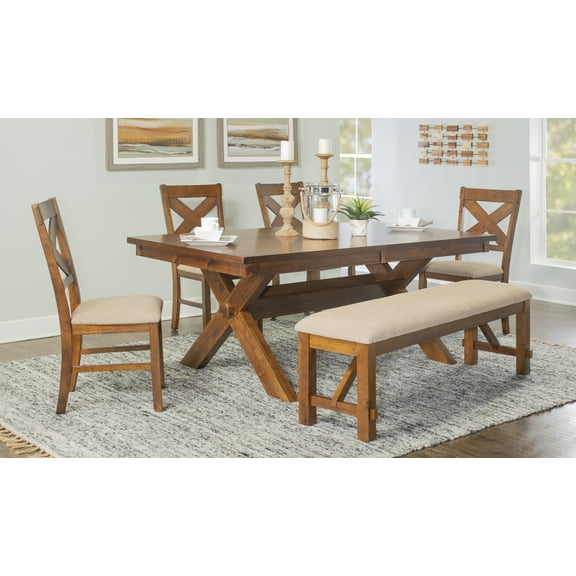 Linon Kraven 6 Pce Wood Dining Set X-Back Padded Seats Bench Dark Hazelnut Brown