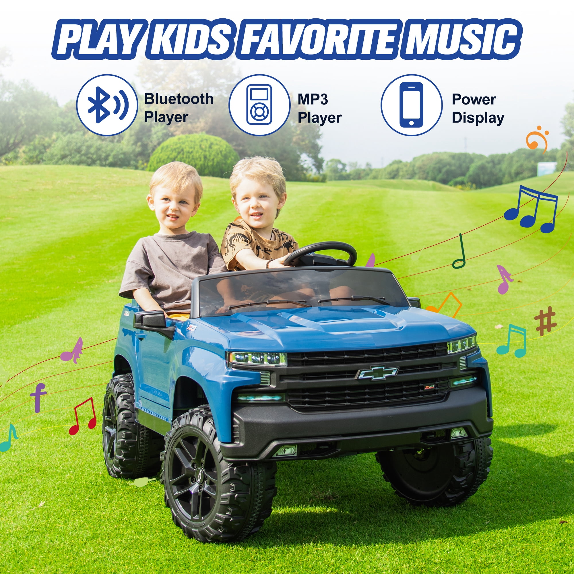 Chevrolet Silverado 24V Powered Ride on Cars for Kids, Extra large Real 2 Seat Ride on Toys with Remote Control, LED Light, MP3 Player, Electric Vehicles Ride on Truck for Boys Girls Gifts, Blue