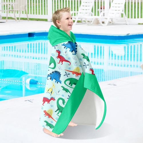 Kids Dinosaur Hooded Beach Towel - 35x60 Inch Quick-Dry Towel With Snap Buttons For Boys & Girls