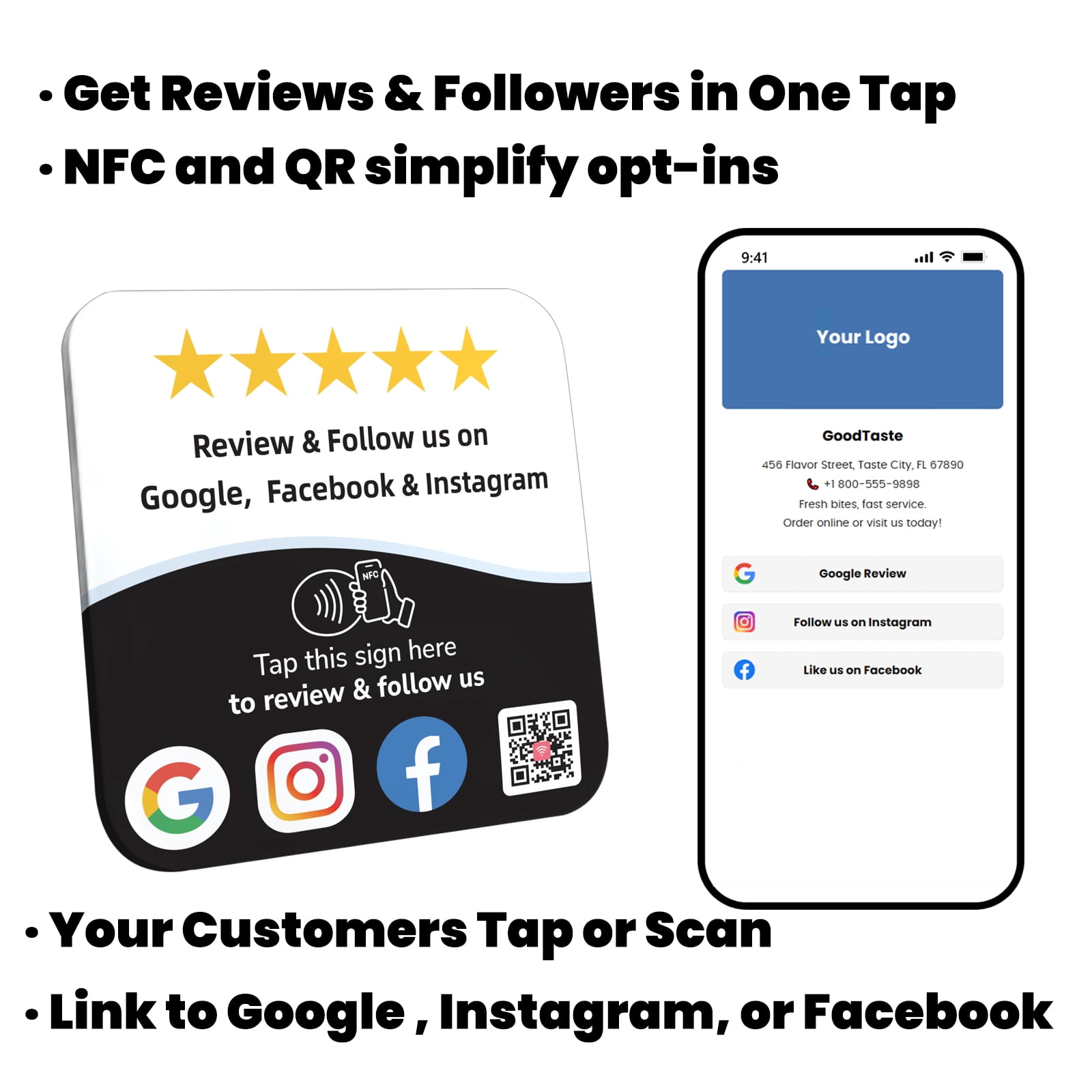 Google Review Tap Card Plate & Social Media Sign – NFC Review QR Code Sign compatible with Instagram & Facebook QR Code Follow Us – Business Rating Display with Stand & Adhesive – No App,No Fees